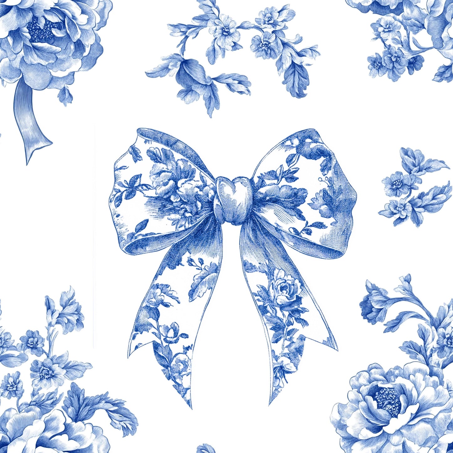 French blue toile fabric of Ribon deco. 60” with fabric by the yard. for toile craft. Vintage Classic.