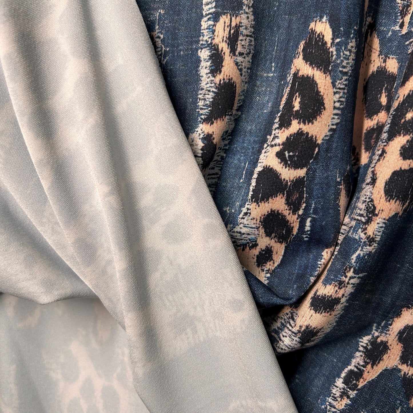 Printed denim texture fabric. Animal denim mix. 60" width. Fabric By The Yard.