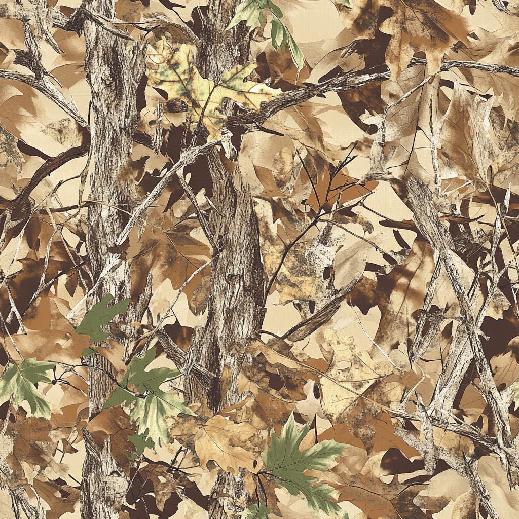 Camouflage Fabric – Realistic Tree Bark & Leaf Pattern for Outdoor Crafts, Hunting, and Apparel.
