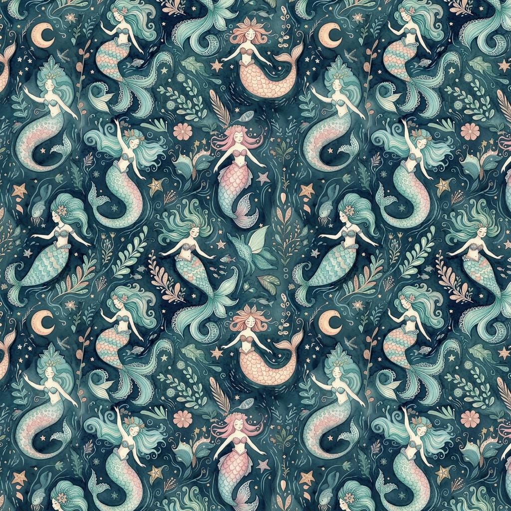 Magic Mermaid Fabric by the Yard, Cute Nursery Fabric for Baby Girl, Pastel Sea Princess Cloth, DIY Sewing, Kids Room Decor Textile