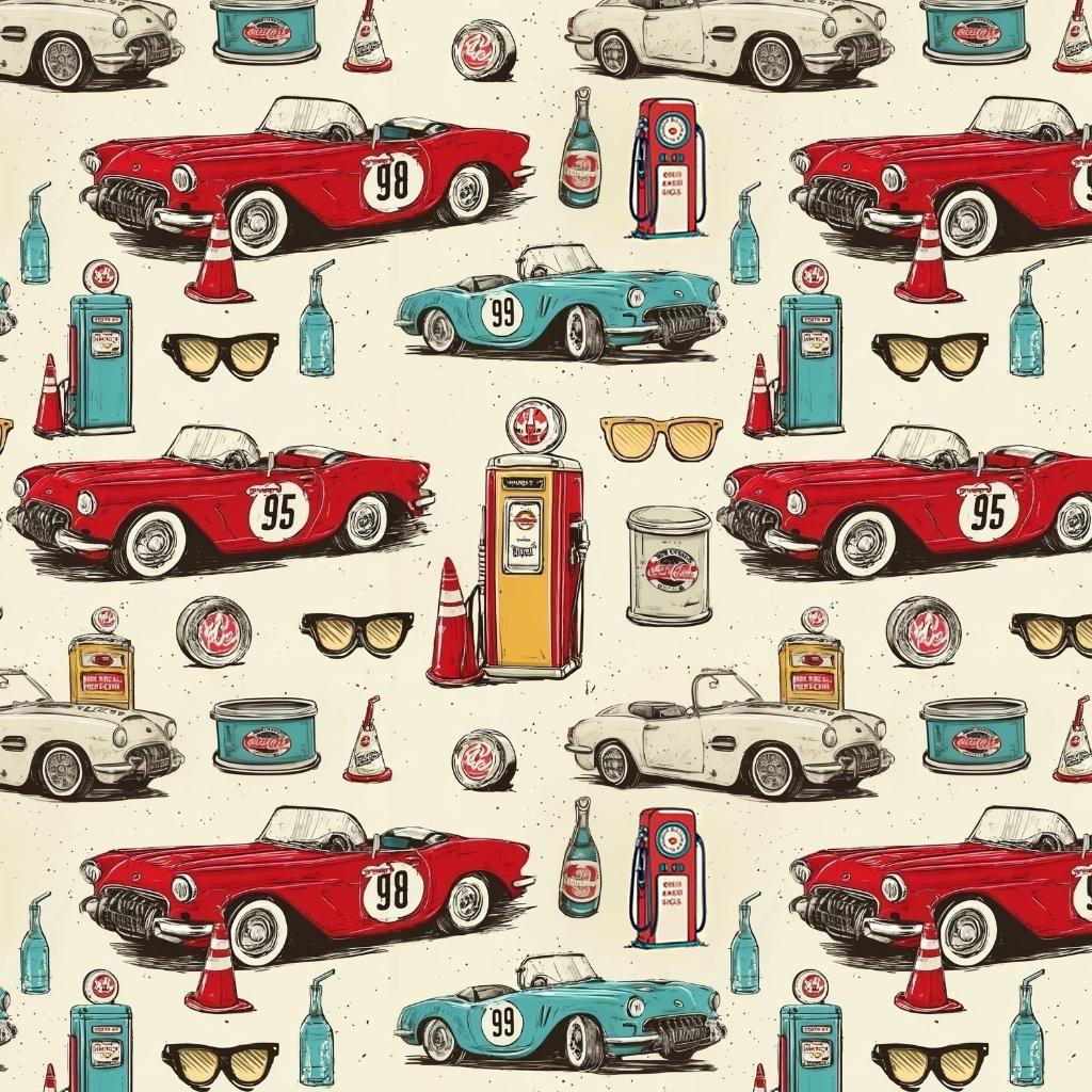 vintage car Print Fabric, Retro Roses Butterflies, Sewing Cloth, Antique Style Textile