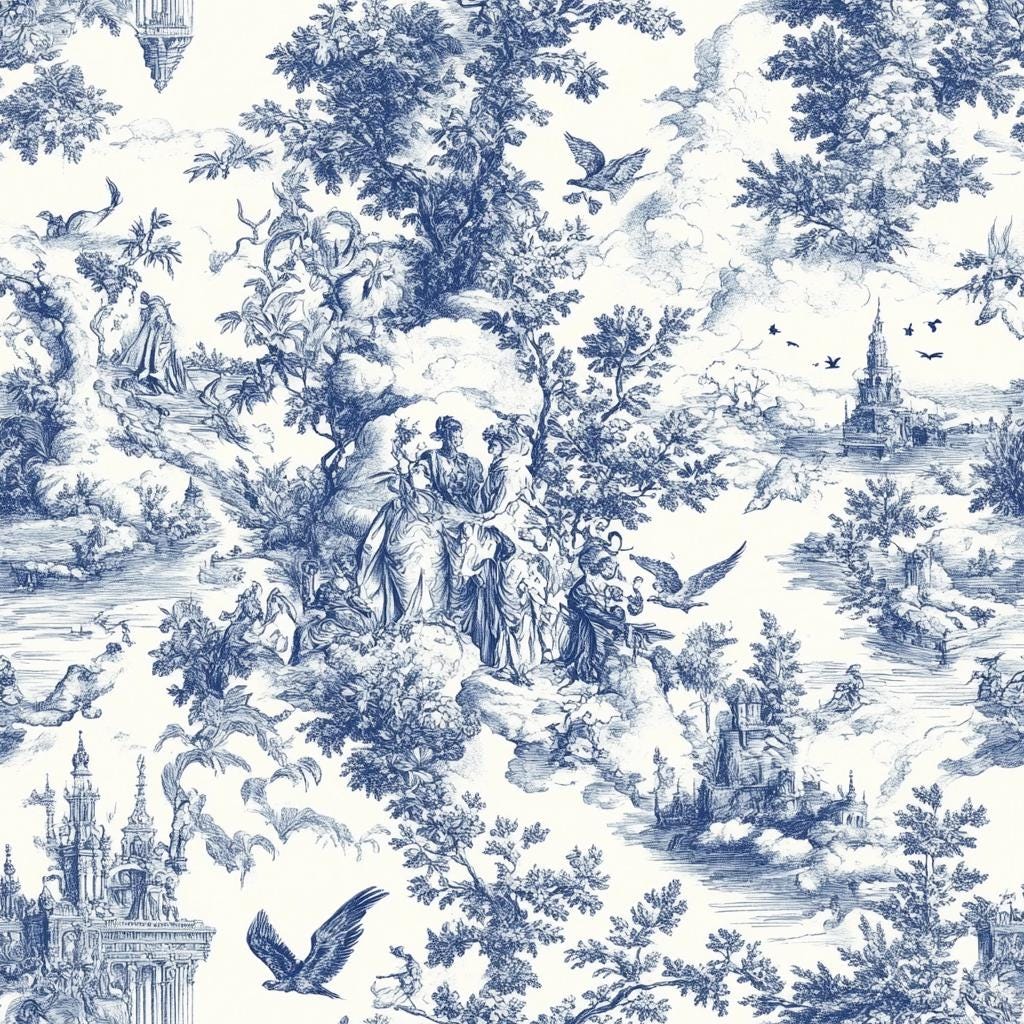 Vintage Classic french toile print pattern fabric of an English country garden in blue linen on a white background