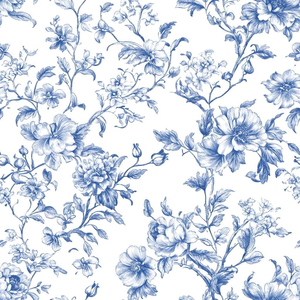 blue and  white french style toile pattern, leaves & floral, seamless