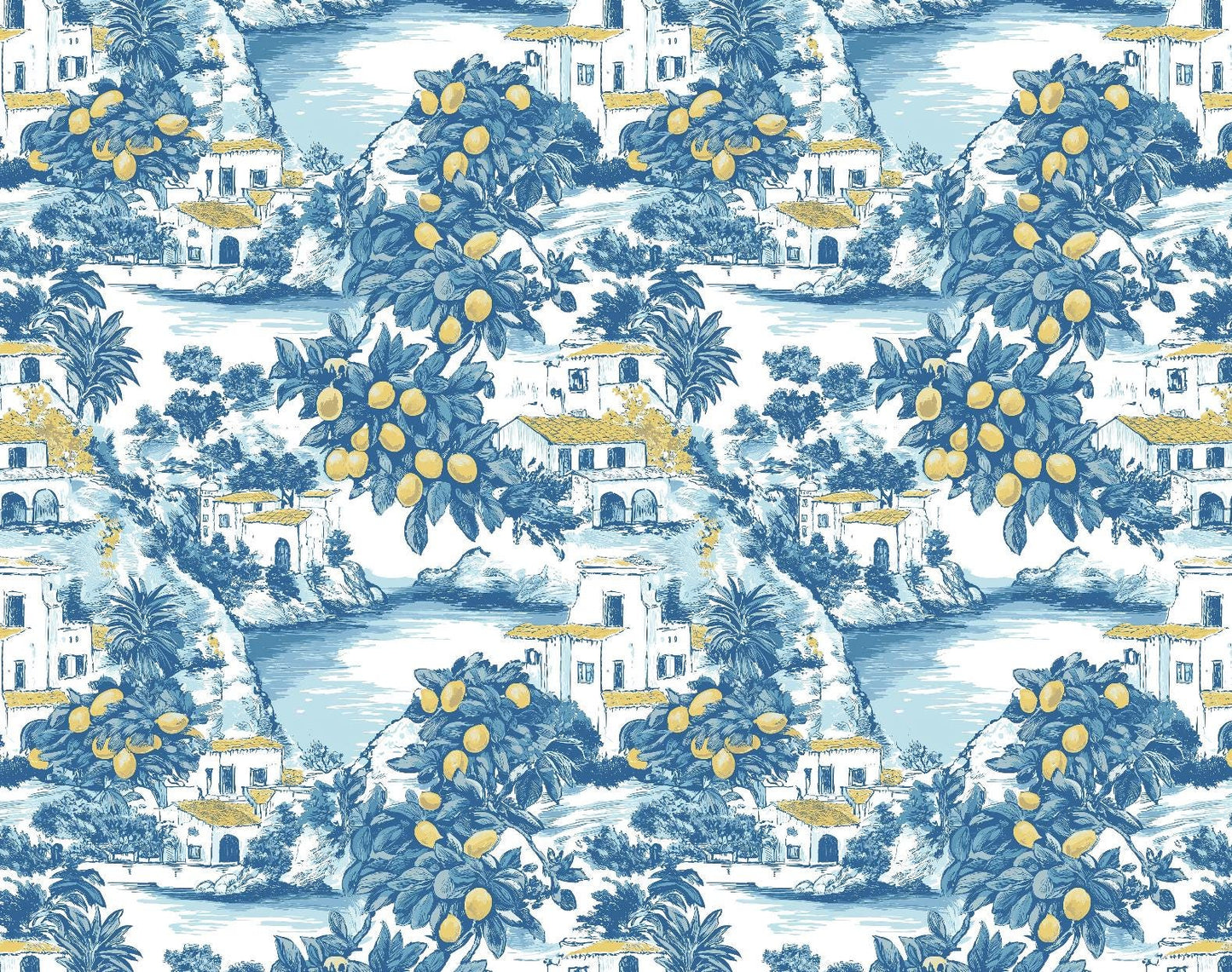 Mediterranean Lemon Grove Fabric – Scenic Coastal Village Pattern with White Houses & Palm Trees | Summer Landscape Textile for Home Decor