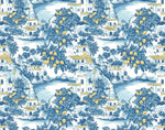 Mediterranean Lemon Grove Fabric – Scenic Coastal Village Pattern with White Houses & Palm Trees | Summer Landscape Textile for Home Decor