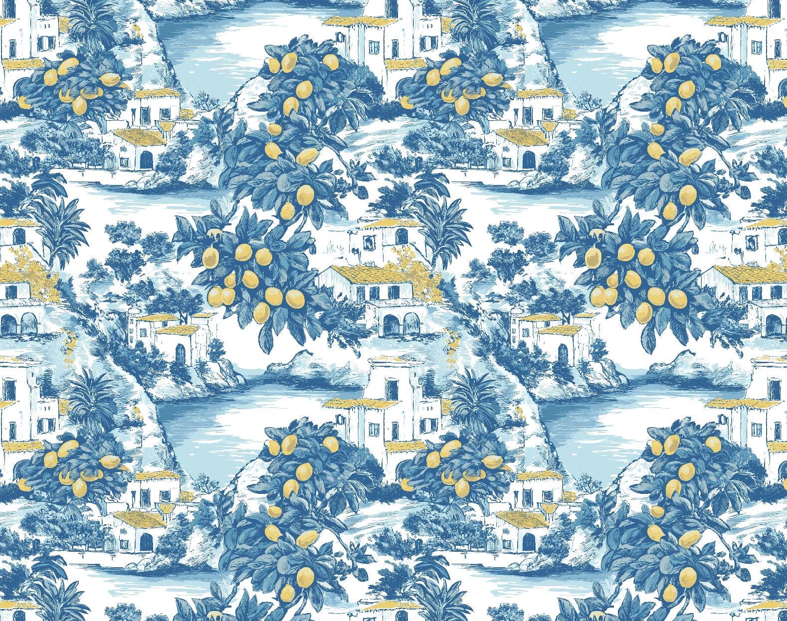 Mediterranean Lemon Grove Fabric – Scenic Coastal Village Pattern with White Houses & Palm Trees | Summer Landscape Textile for Home Decor