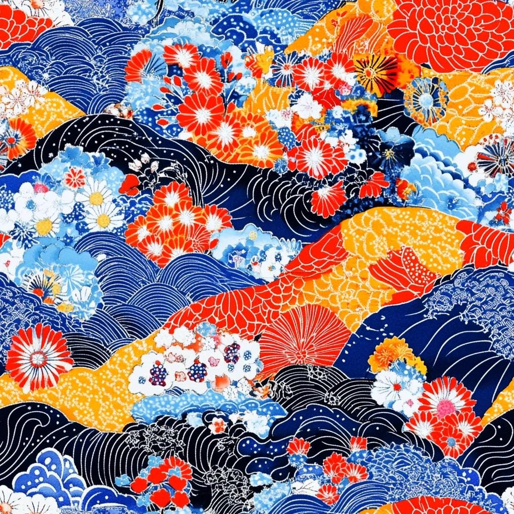 Japanese red and blue kimono print pattern
