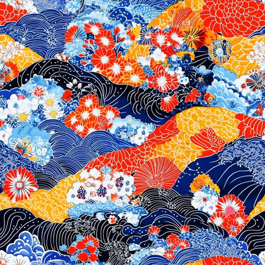 Japanese red and blue kimono print pattern