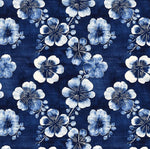 Nishigori indigo dyeing, shibori-dyed blue Tung flower pattern. fabric by yard.