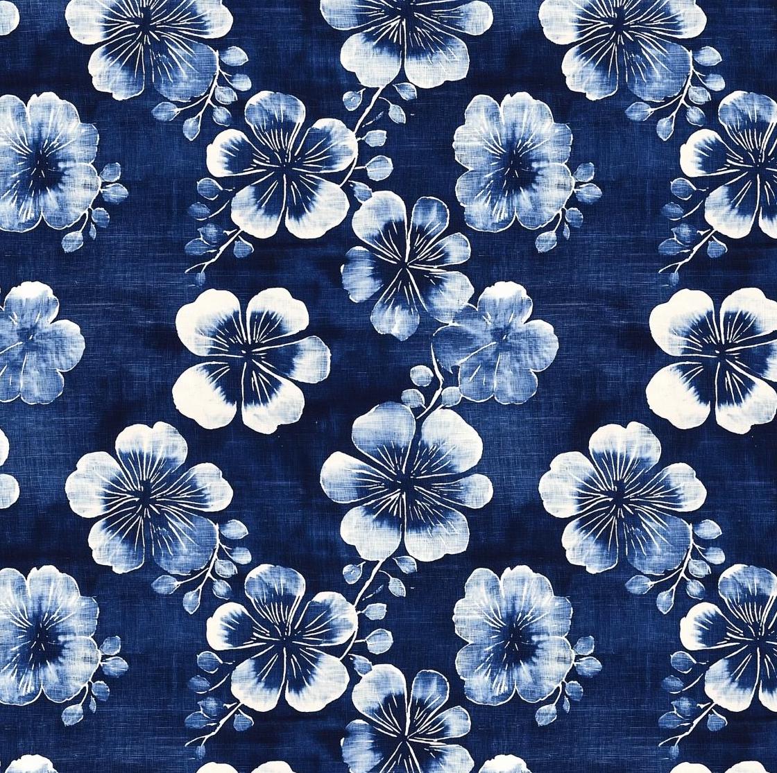 Nishigori indigo dyeing, shibori-dyed blue Tung flower pattern. fabric by yard.