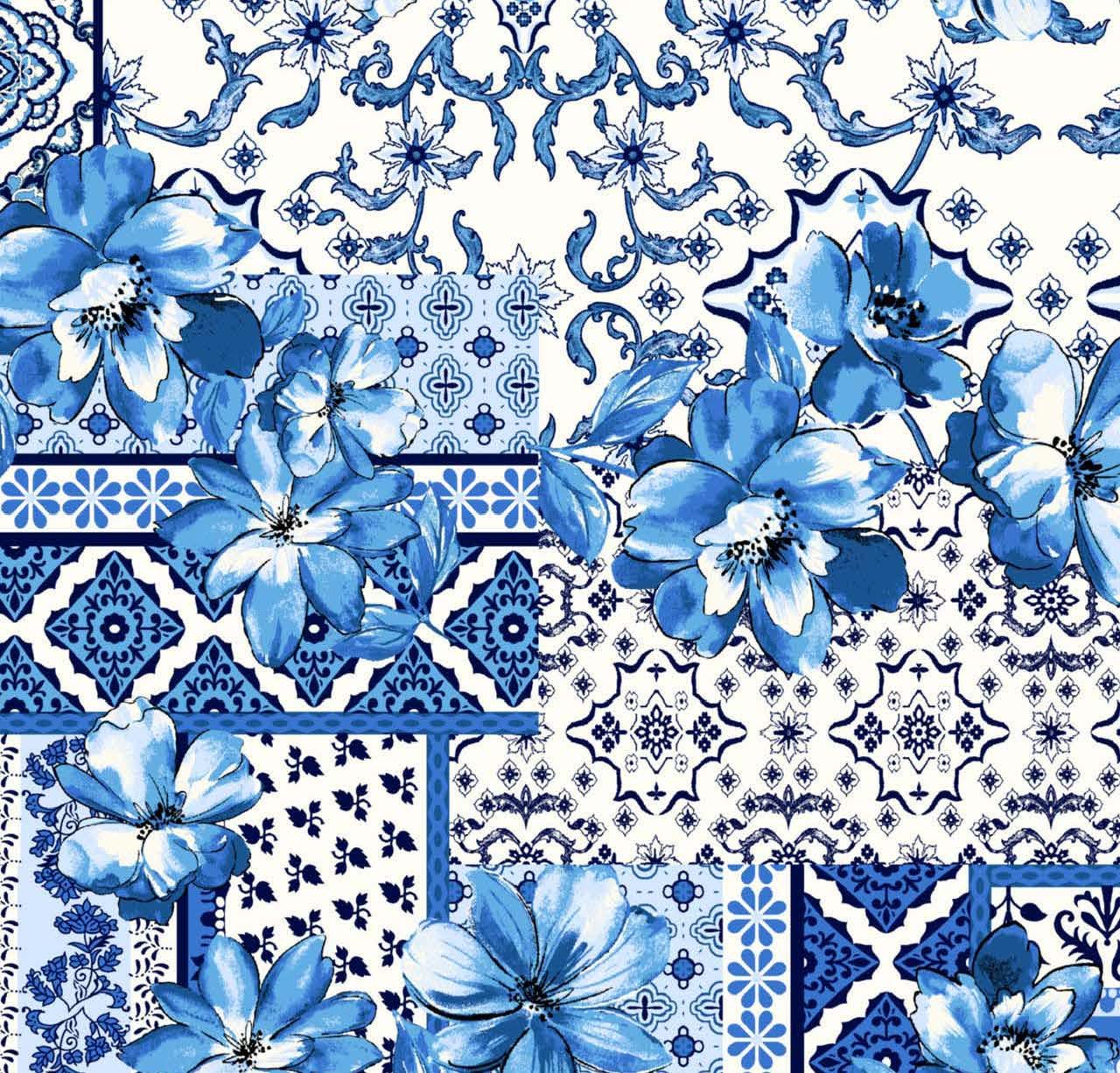 blue Majolica fabric, Sicilian tile print, Italian apparel sewing fabric sundress, suit, pattern fabric. textile