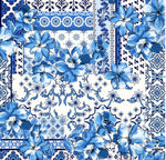 blue Majolica fabric, Sicilian tile print, Italian apparel sewing fabric sundress, suit, pattern fabric. textile