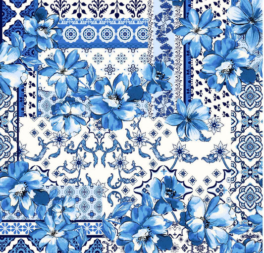 blue Majolica fabric, Sicilian tile print, Italian apparel sewing fabric sundress, suit, pattern fabric. textile
