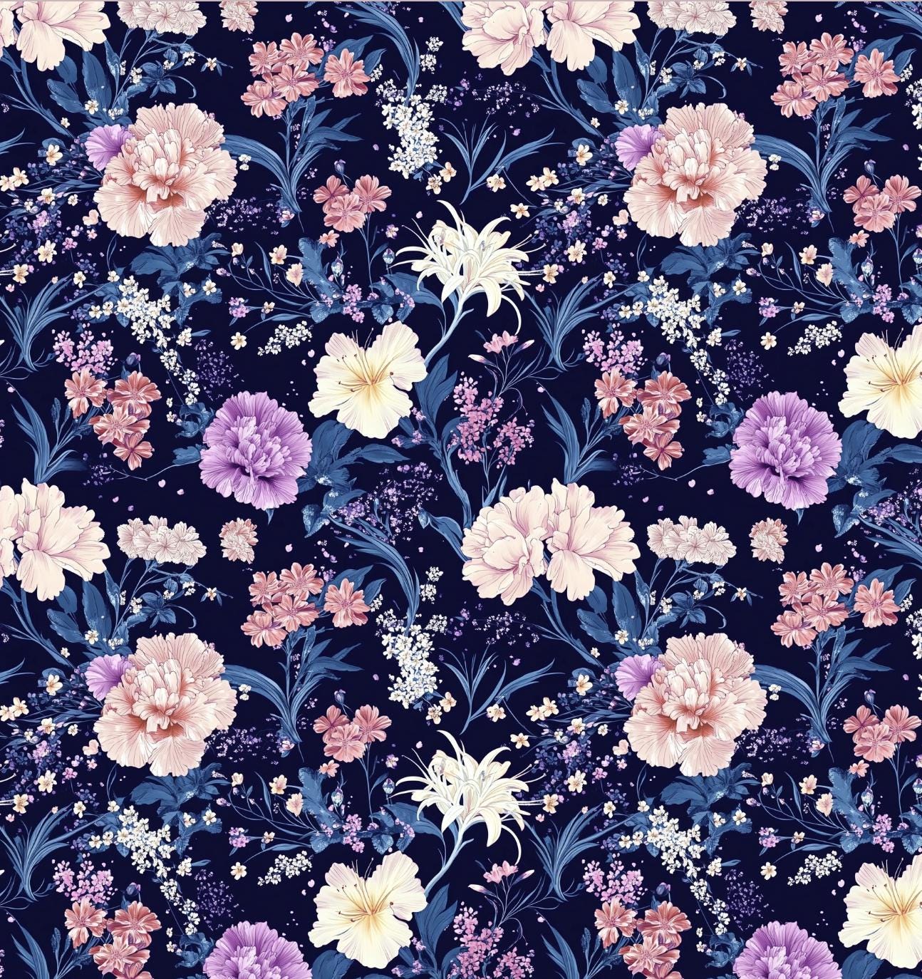 floral fabric by the yard. 60”with night floral pattern on dark blue. japanese style romantic floral pattern for dress, home decor