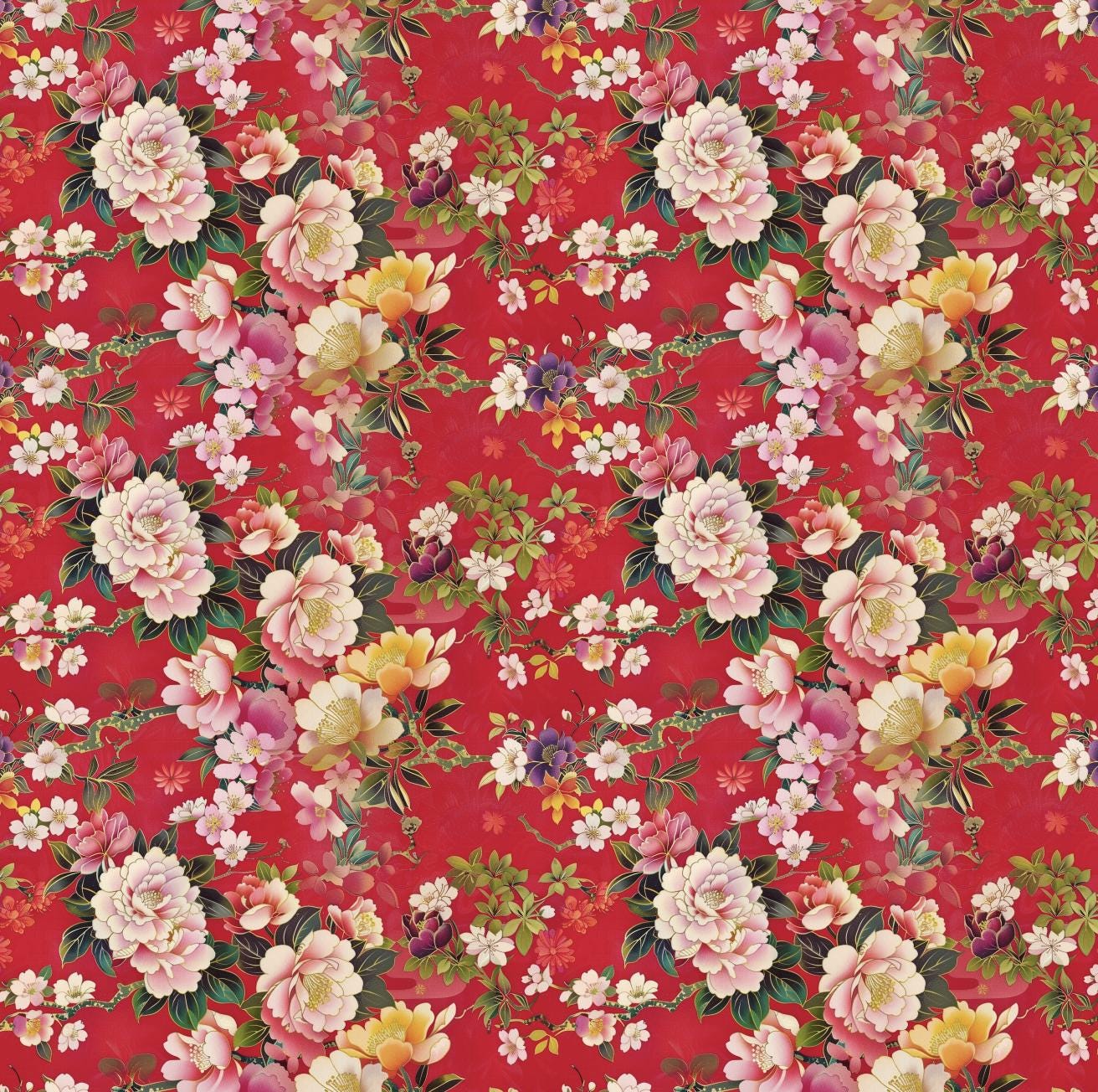 Japanese satin fabric. Red Peony & Cherry Blossom Fabric – Elegant Asian Floral fabric by the Yard, Floral Print for clothing and craft.