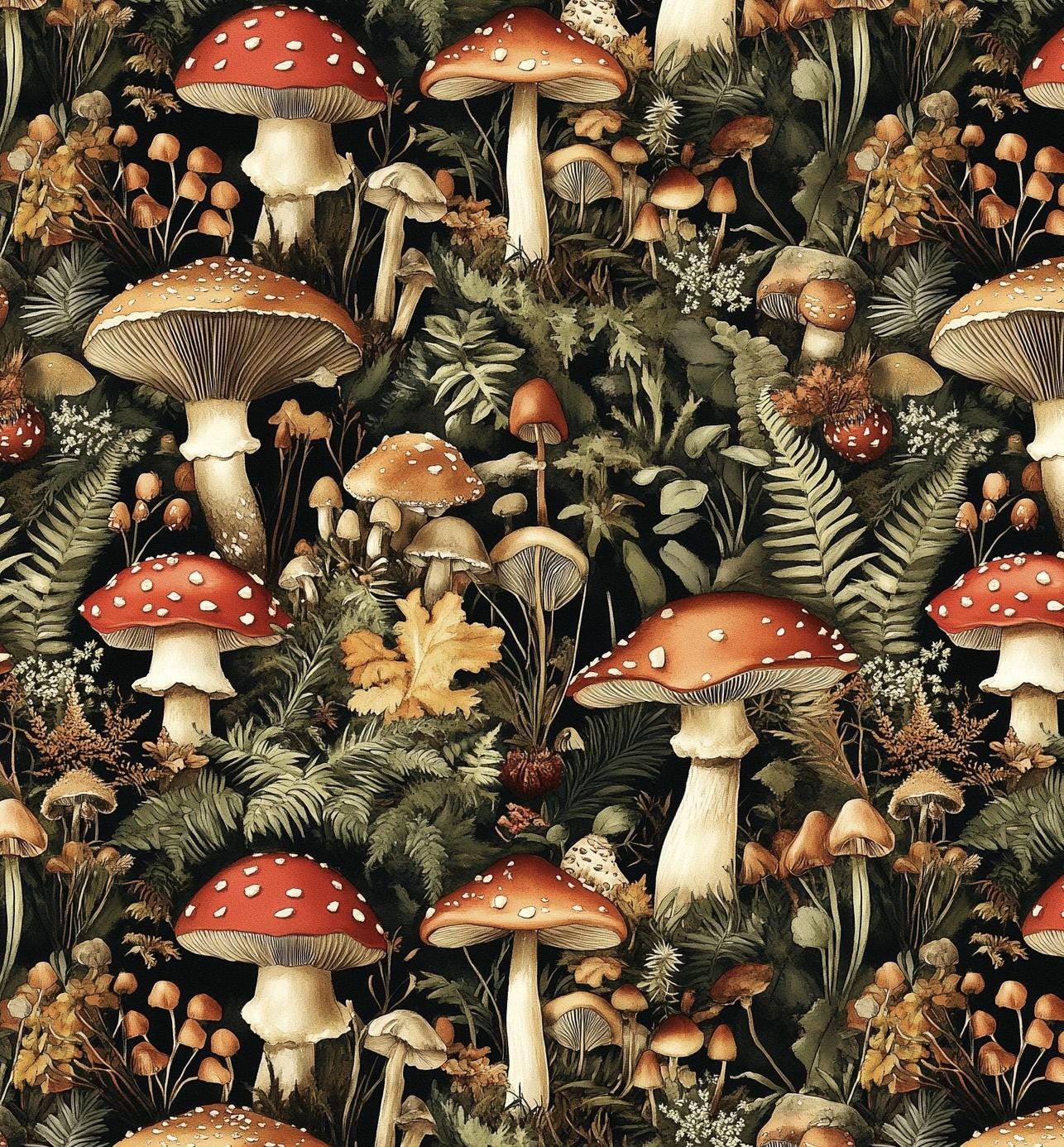 Mushroom Fabric - Rustic Mushroom -Dark Moody Botanical Mushroom Cottagecore Toadstool Woodland Fungus Fabric by the Yard