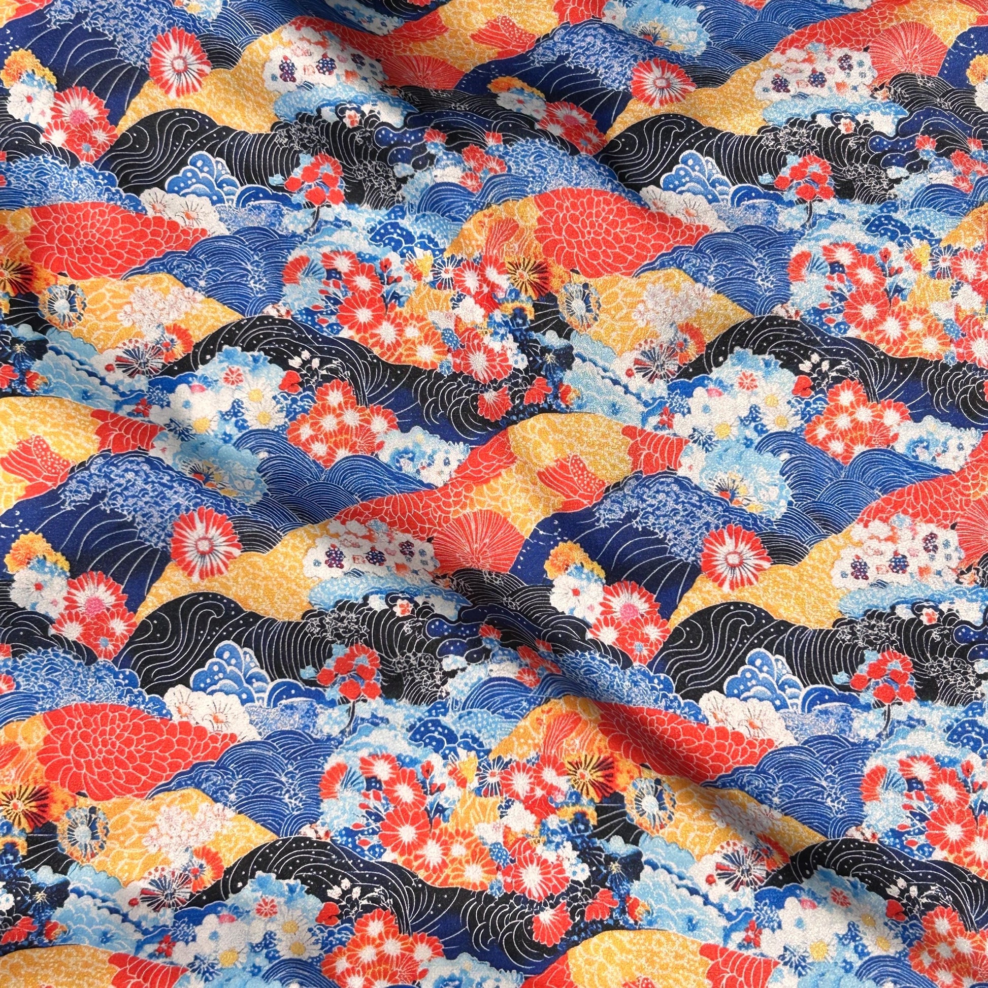 Japanese red and blue kimono print pattern