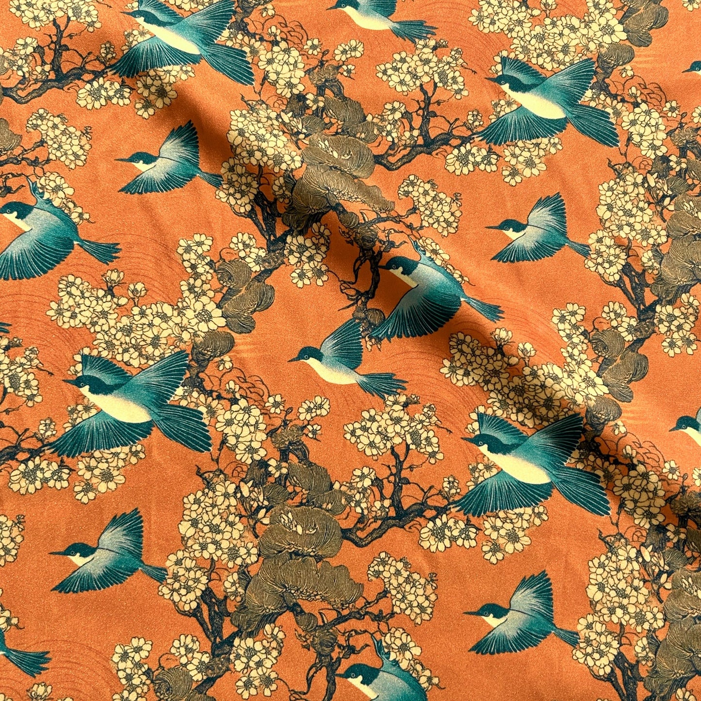 japanese_fabric. orange_ans_teal_colored_ Oriental Fabric. asian fabric