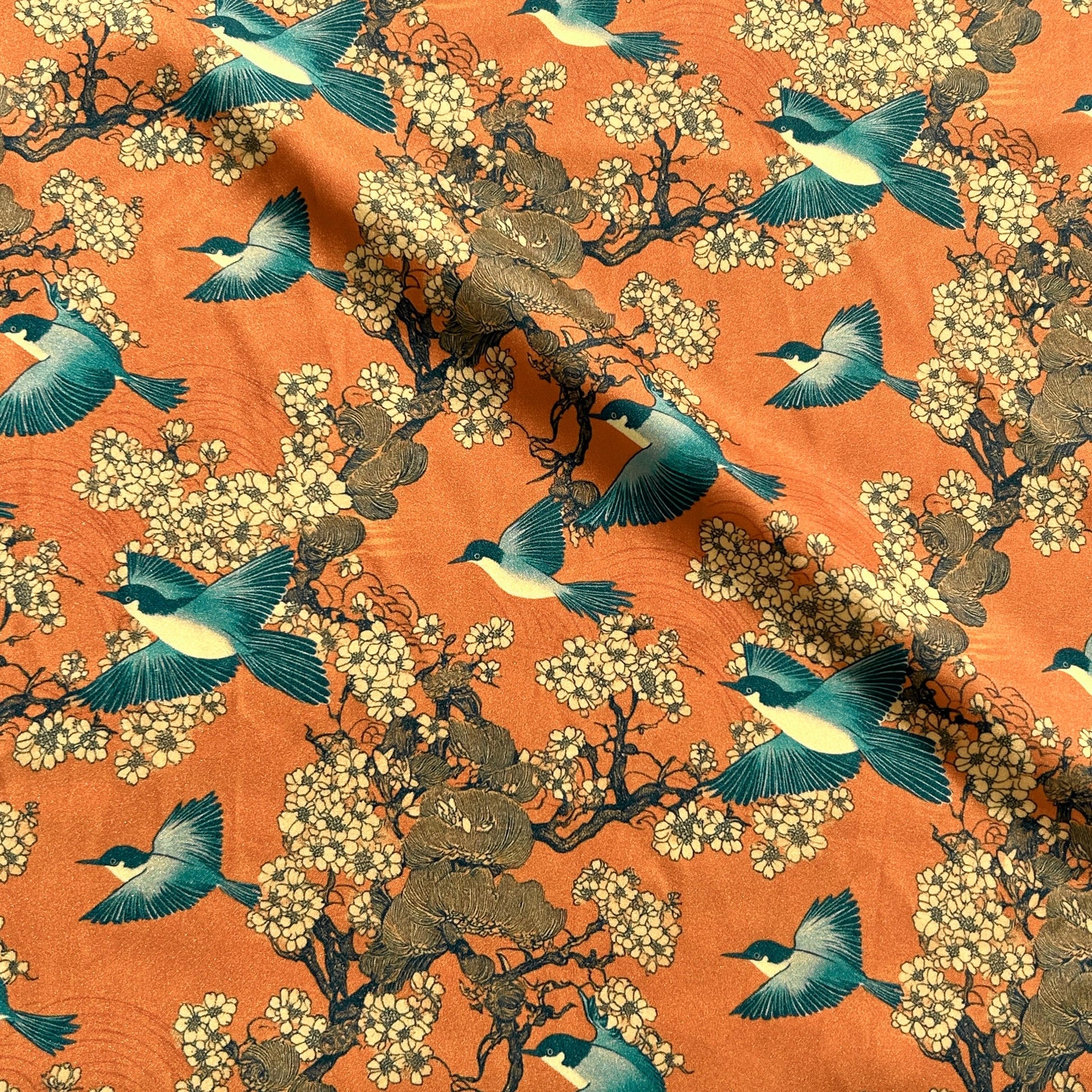 japanese_fabric. orange_ans_teal_colored_ Oriental Fabric. asian fabric