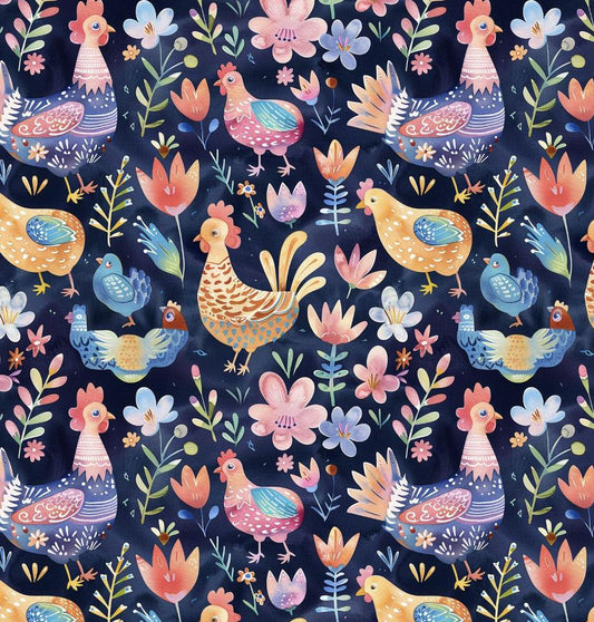 Chicken Fabric – Whimsical Colorful Farmyard Cotton on Navy Blue, Rooster & Flower Print for fashion, Crafts and Decor