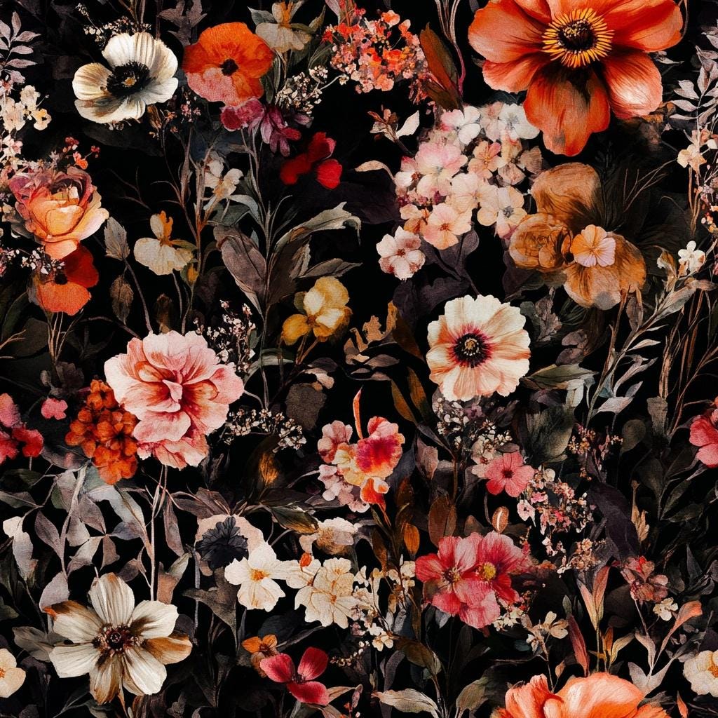 satin fabric printed luxury Dark background fabric Romantic floral printed pattern fabric textile by yard, for dress