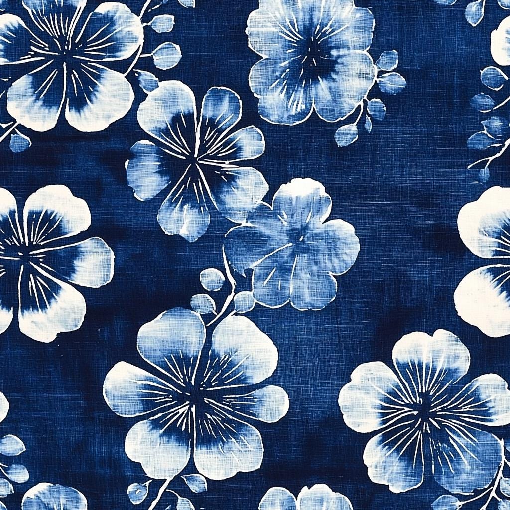 Nishigori fabric. indigo dyeing, shibori-dyed blue Tung flower pattern. fabric by yard.