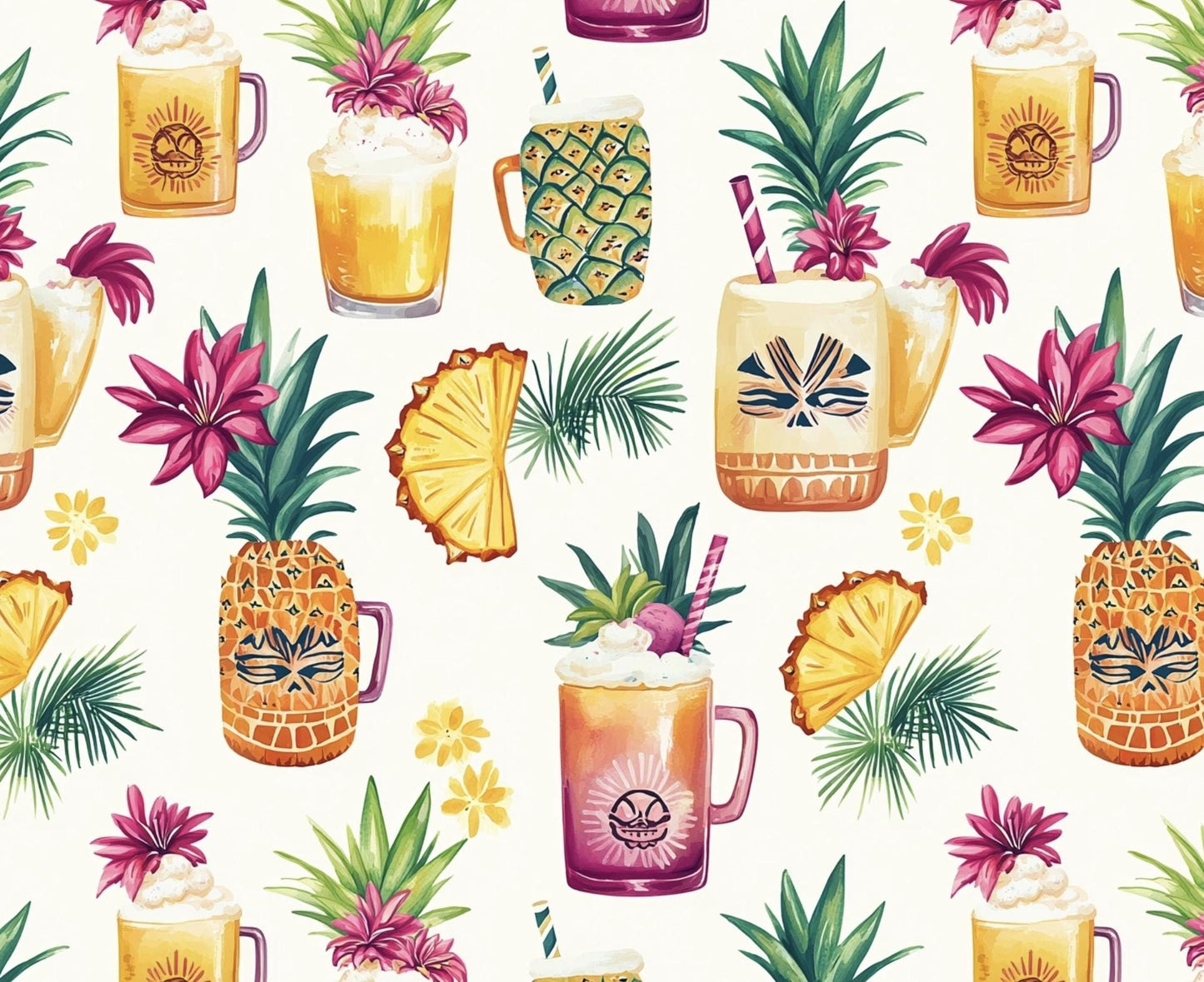 hawaiian tiki cup fabric. illustration, repeating pattern fabric by yard