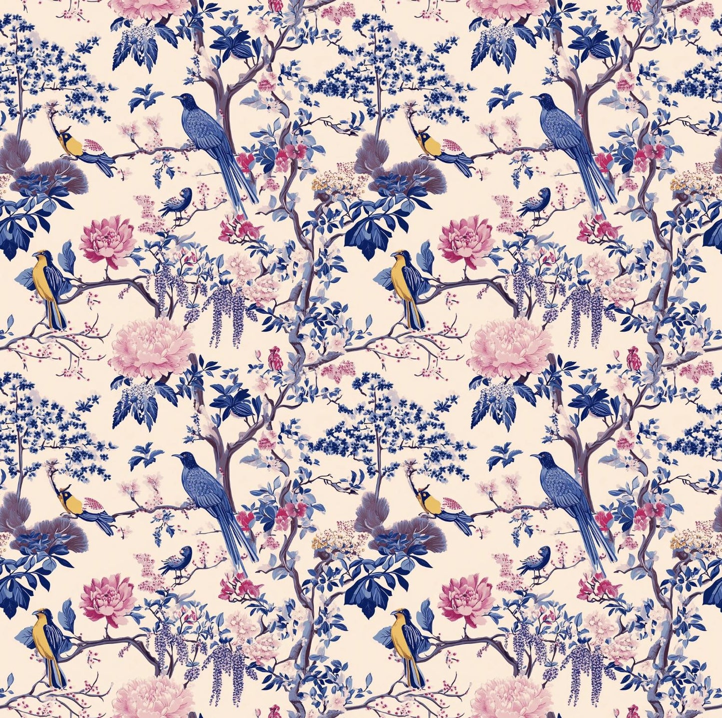 Chinoiserie fabric, enchanted forest. Wisteria Bird Fabric – Colorful Botanical fabric by the Yard, Floral Garden for home deco, craft