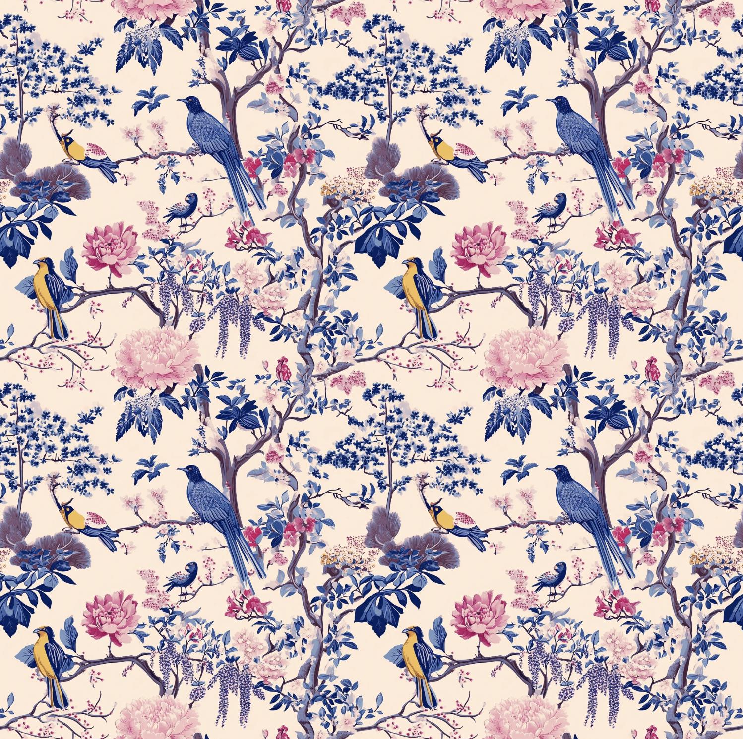 Chinoiserie fabric, enchanted forest. Wisteria Bird Fabric – Colorful Botanical fabric by the Yard, Floral Garden for home deco, craft