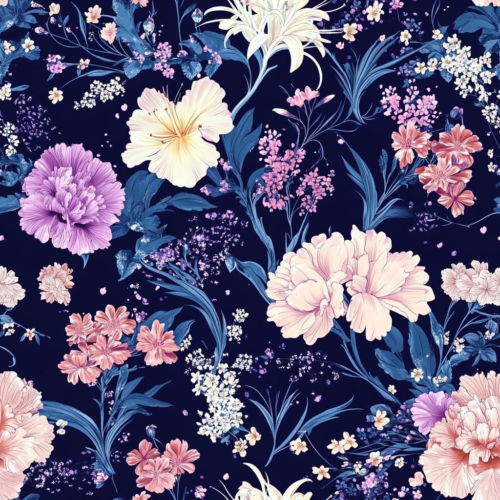 floral fabric by the yard. 60”with night floral pattern on dark blue. japanese style romantic floral pattern for dress, home decor