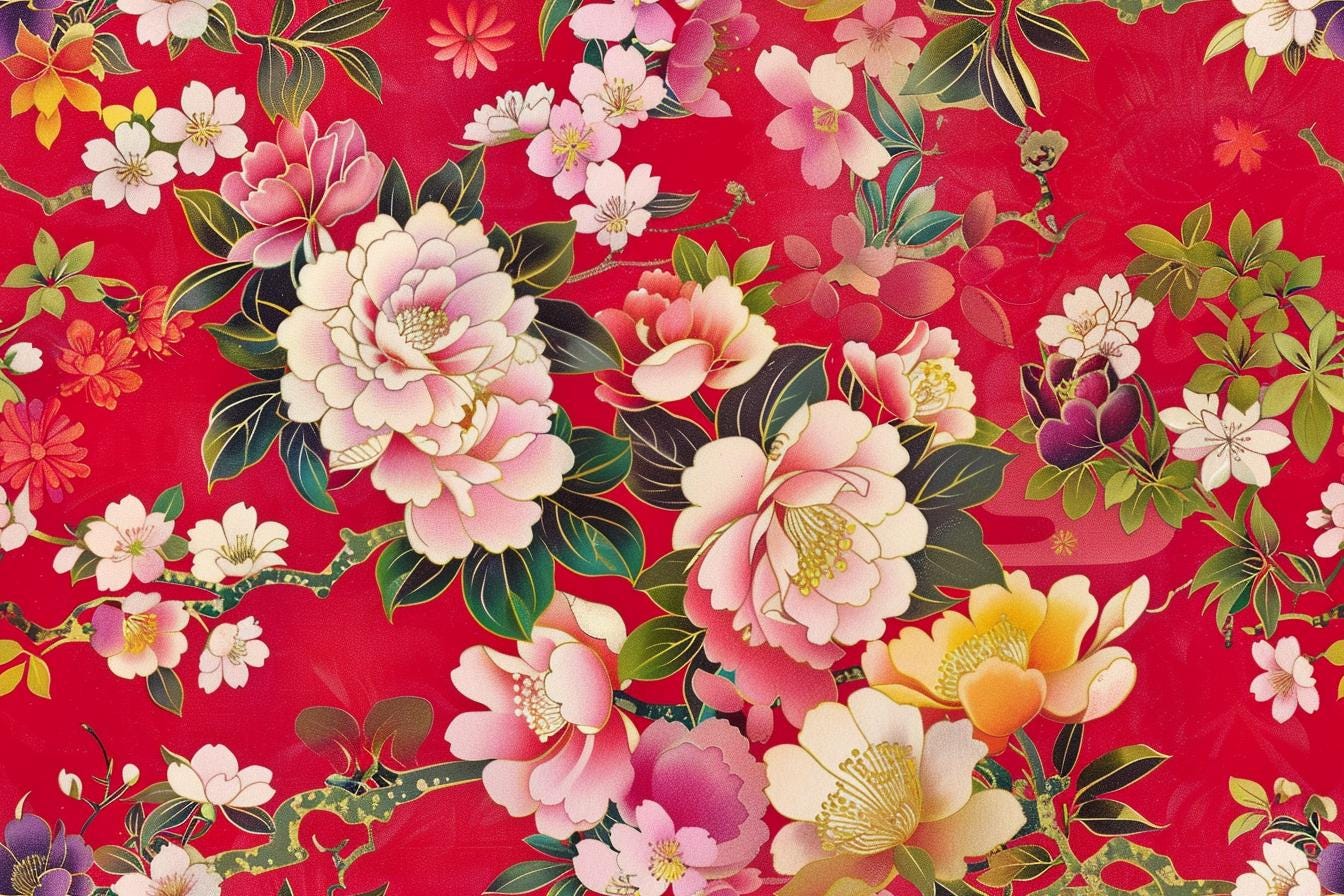 vibrant red painting with traditional Japanese satin fabric floral pattern. _japanese_fabric. textile.