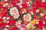 vibrant red painting with traditional Japanese satin fabric floral pattern. _japanese_fabric. textile.