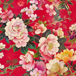Japanese satin fabric. Red Peony & Cherry Blossom Fabric – Elegant Asian Floral fabric by the Yard, Floral Print for clothing and craft.