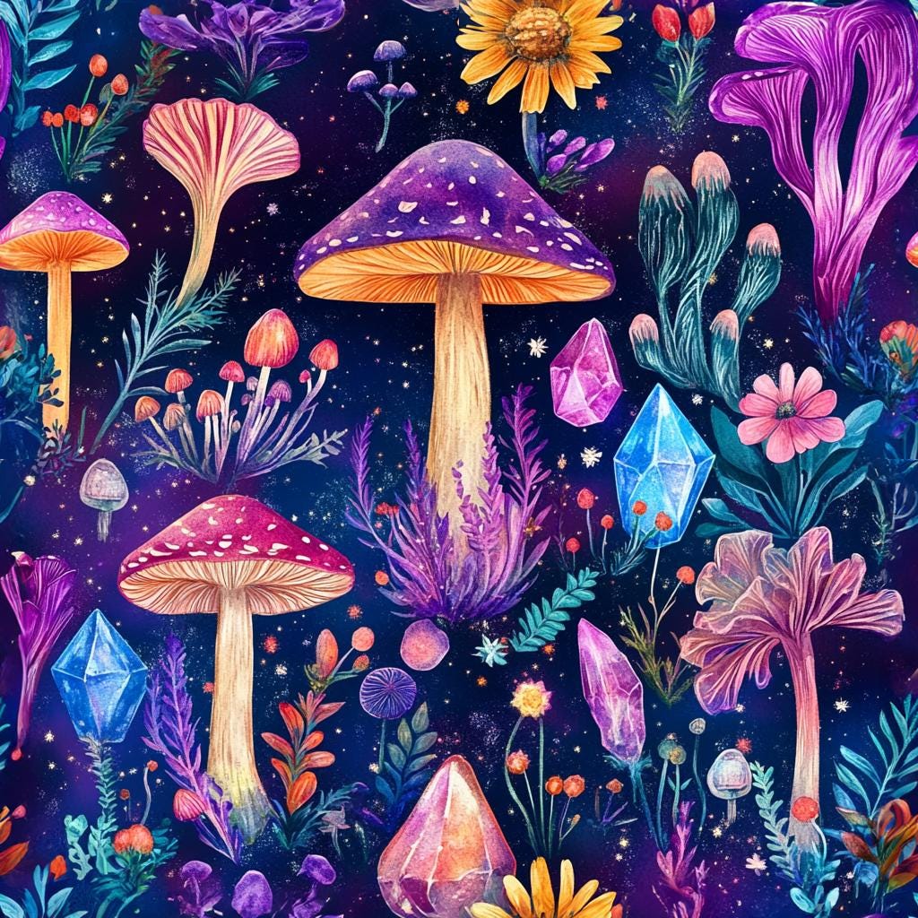 Forest Life Mushroom Fabric night time Print Vintage Mushroom romantic background  Fabric By the Half Yard