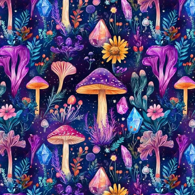 Whimsical Mushroom Crystal Fabric – Fantasy Botanical Print for deco and Crafts, clothing