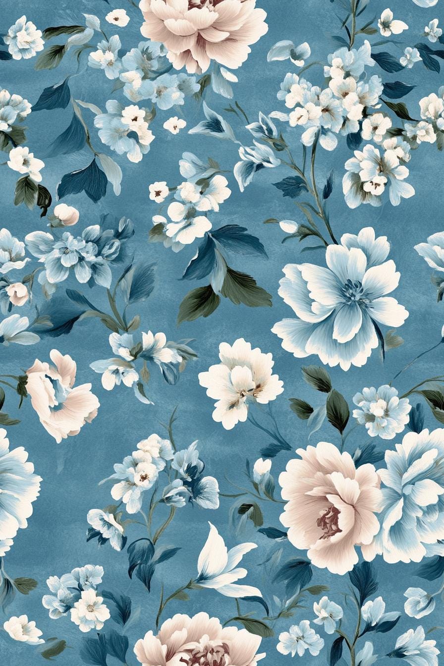 floral viscose fabric. satain printed fabric. Vintage Blue Peony Floral Fabric – Elegant Botanical fabric by the Yard. For fashion, craft.