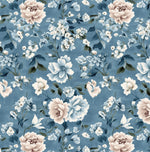 floral viscose fabric. satain printed fabric. Vintage Blue Peony Floral Fabric – Elegant Botanical fabric by the Yard. For fashion, craft.