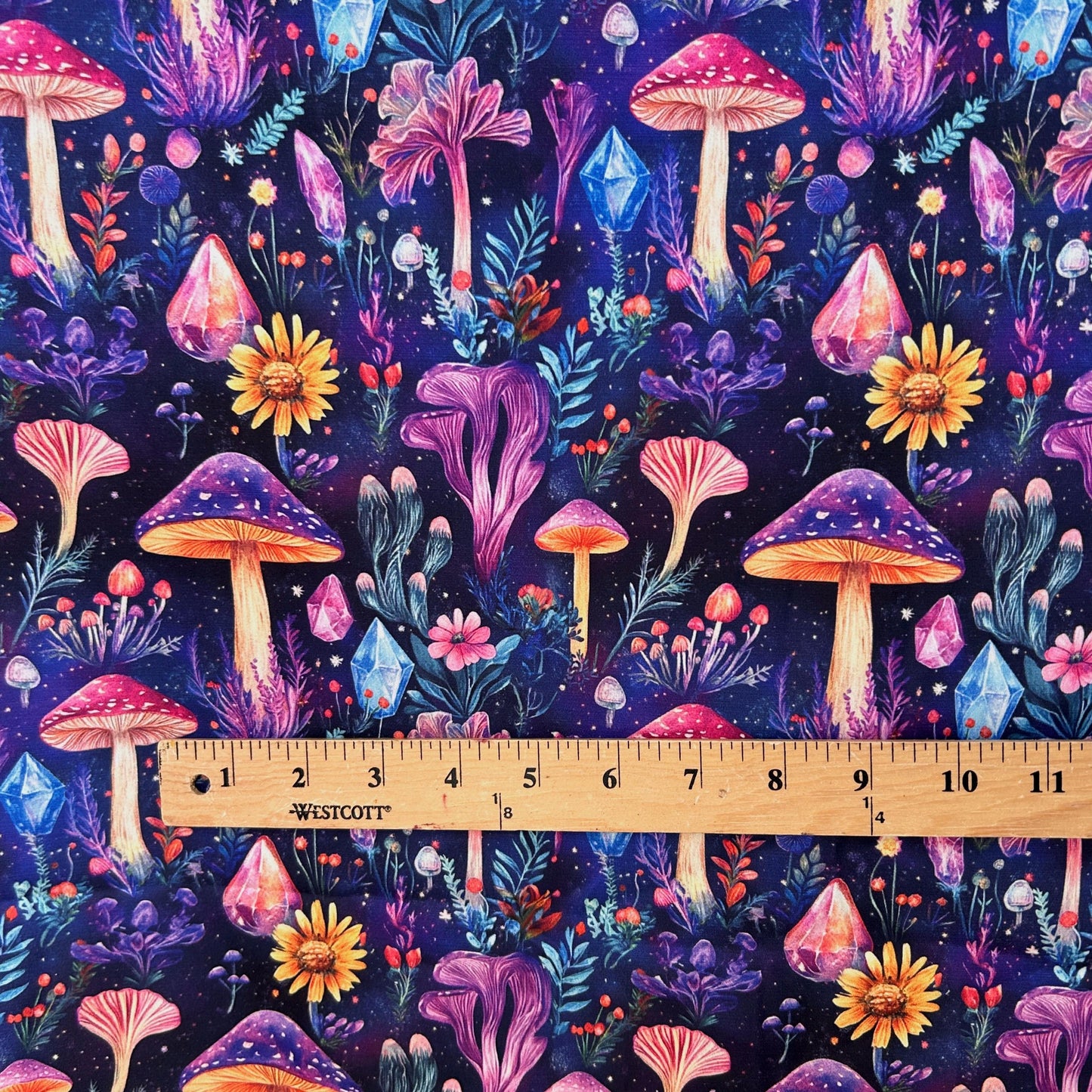 Whimsical Mushroom Crystal Fabric – Fantasy Botanical Print for deco and Crafts, clothing