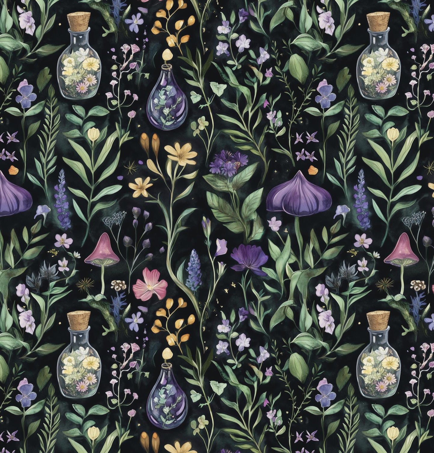 magical herbs Fabric. watercolor Botanical Herb, Wildflower Fabric – Colorful Floral fabric by the Yard. Vintage garden for fashion, deco