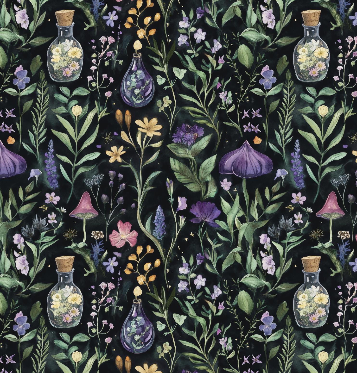 magical herbs Fabric. watercolor Botanical Herb, Wildflower Fabric – Colorful Floral fabric by the Yard. Vintage garden for fashion, deco