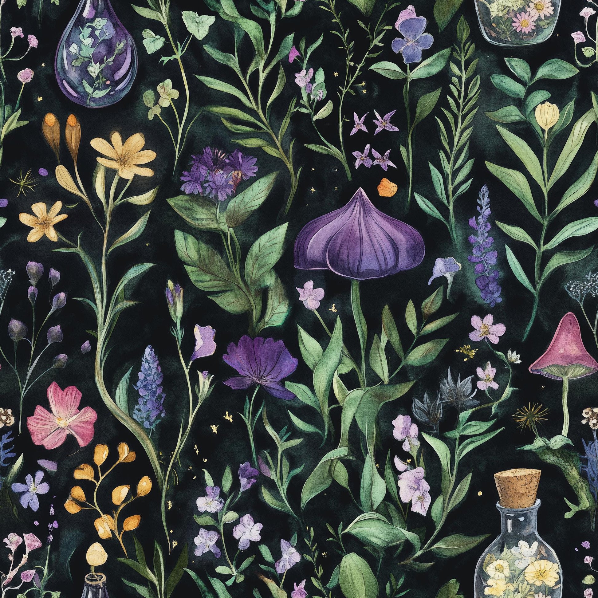 magical herbs Fabric - witch gardens, in watercolor with deep greens, purples, and botanical wood land  - Fabric by the Yard