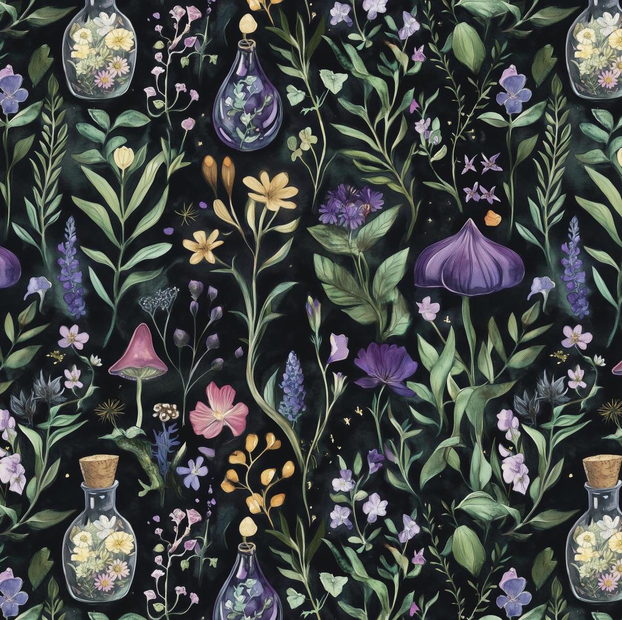 magical herbs Fabric. watercolor Botanical Herb, Wildflower Fabric – Colorful Floral fabric by the Yard. Vintage garden for fashion, deco