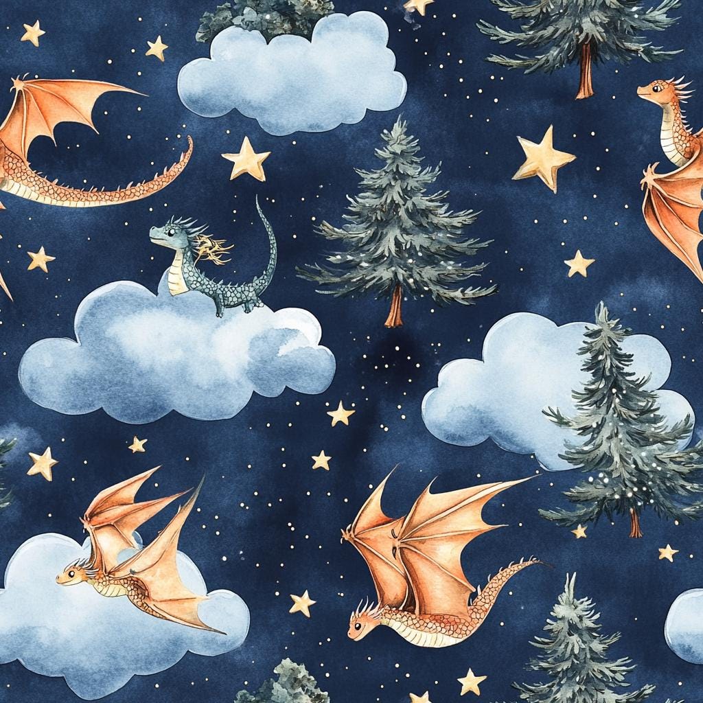 dragon fabric. Night Fantasy baby dragon Apparel Fabric - Colorful - Whimsical Fun Cute Happy Cheerful Griffin Clothing Fabric by the Yard