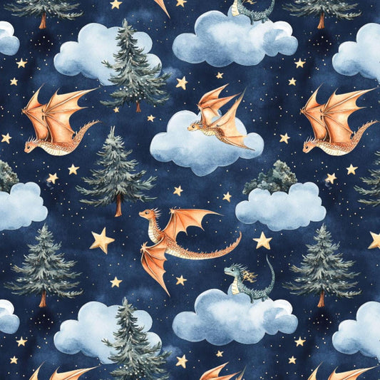 Night Fantasy baby dragon Apparel Fabric - Colorful - Whimsical Fun Cute Happy Cheerful Griffin Clothing Fabric by the Yard