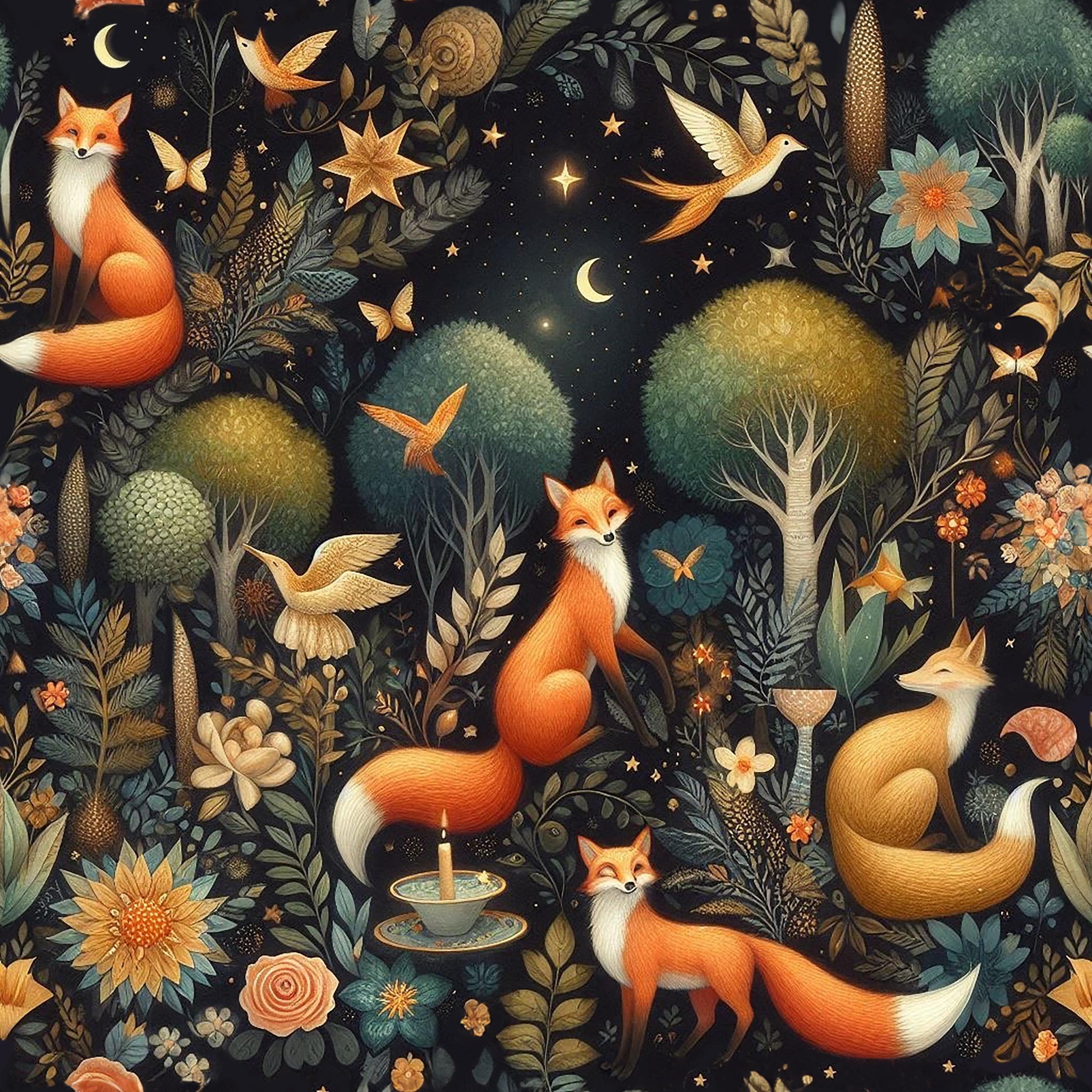 Dark Fabric --  Botanical fox  Woodland Fabric by the Yard