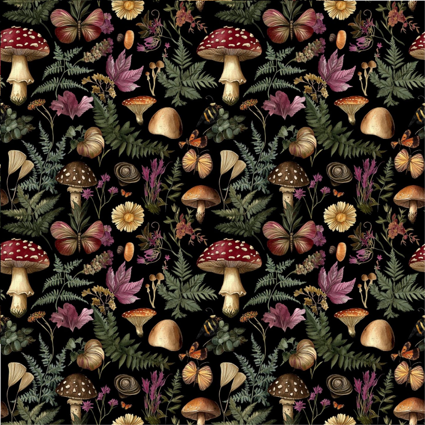 Botanical Fabric - Rustic Mushroom vintage illustration in the style of cottagecore, earthy tones - Fabric by the Yard