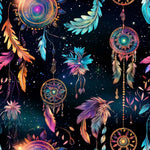 Dark night, Dreamcatchers  Fabric. milky glitter dark night sky. Galaxy magic suns and stars seamless pattern. Home deco, craft.