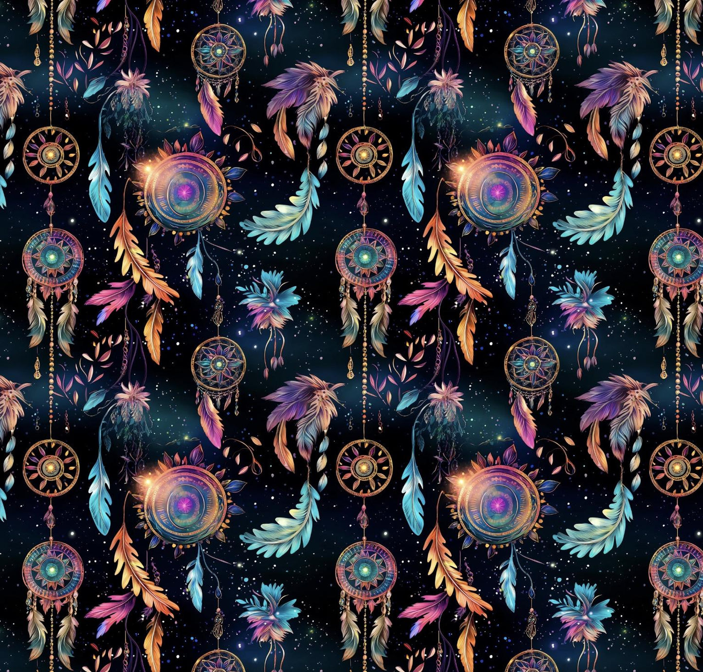 Dark night, Dreamcatchers  Fabric. milky glitter dark night sky. Galaxy magic suns and stars seamless pattern. Home deco, craft.