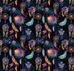 Dark night, Dreamcatchers  Fabric. milky glitter dark night sky. Galaxy magic suns and stars seamless pattern. Home deco, craft.