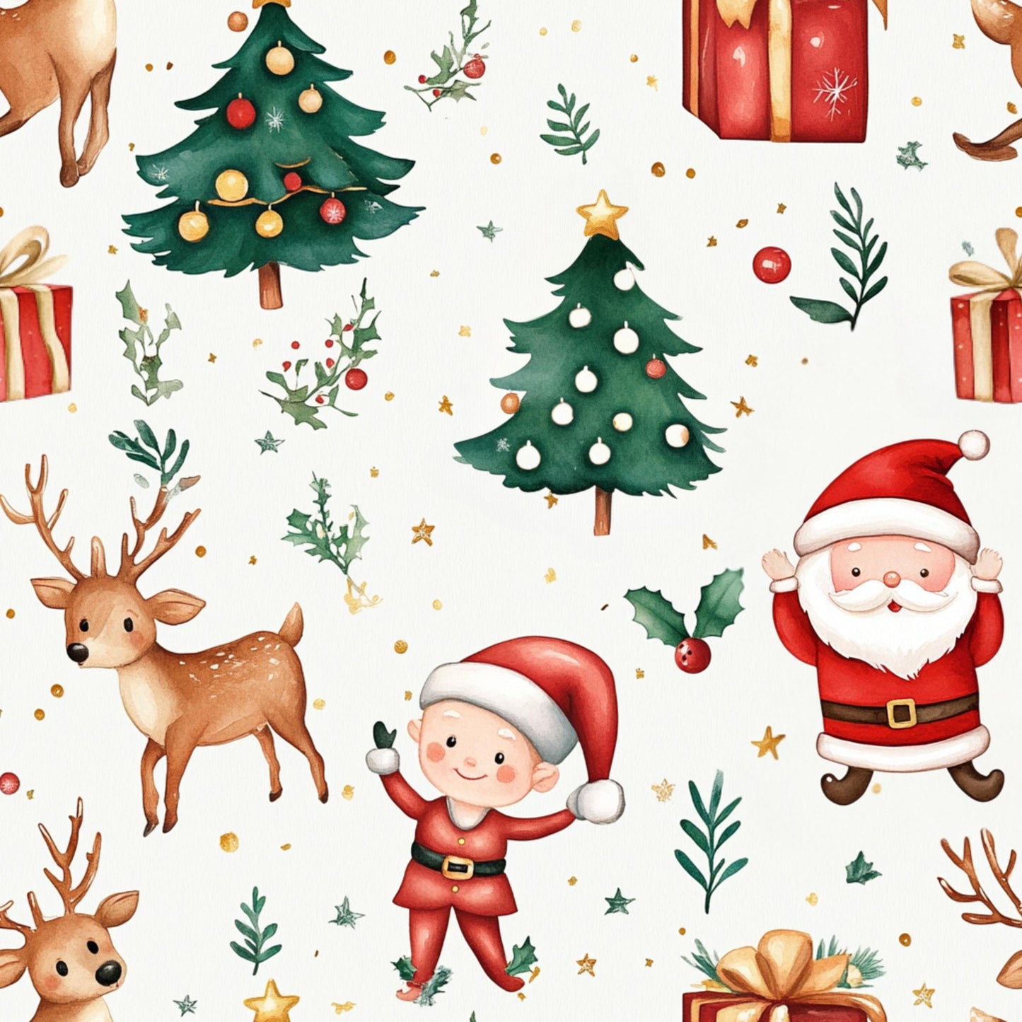 Santa fabric. deer tree gift Fabric Santa Claus Winter Christmas reindeer Fabric by the Yard